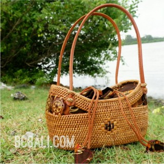 bali ethnic small tote handbag rattan grass with coco button handmade